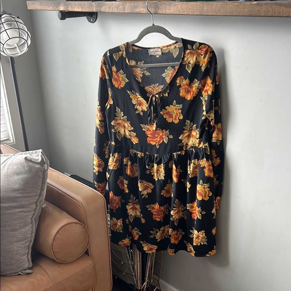 LaVieLente Black Dress with Yellow Floral Design